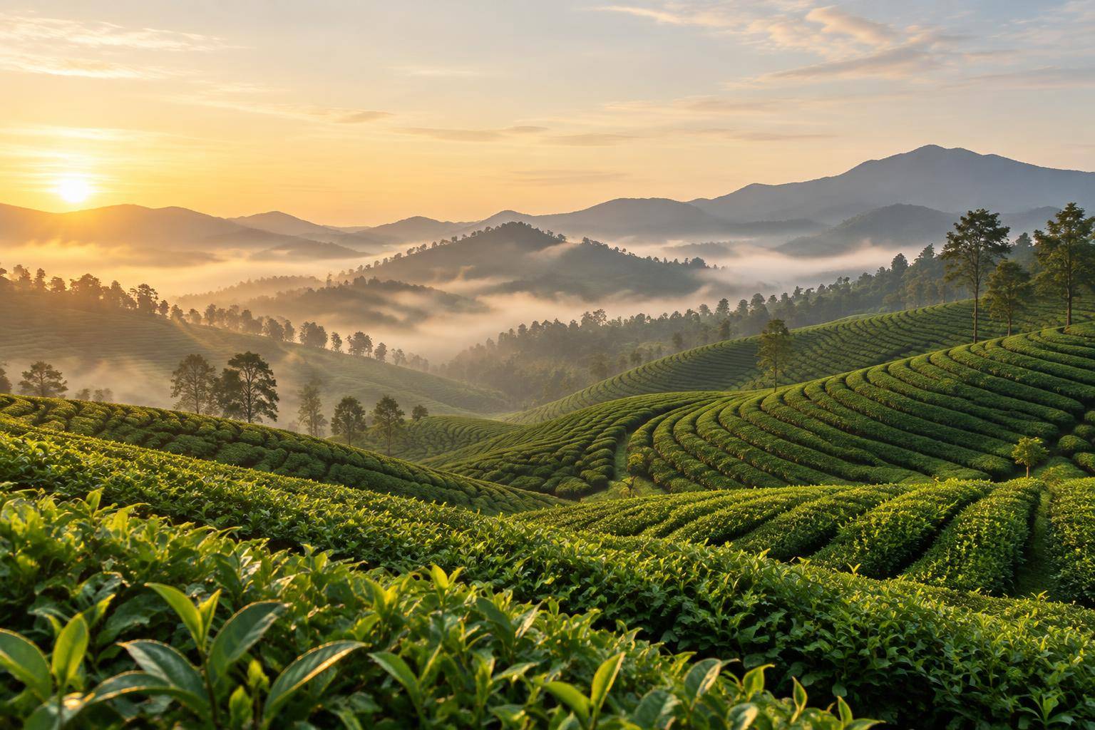 Đồi trà xanh lúc bình minh